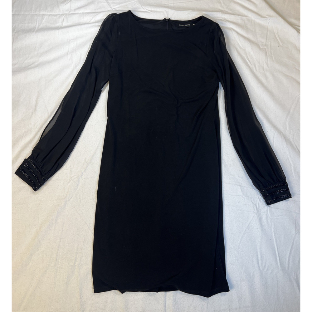 Ivanka Trump Black Sheath Dress Beaded Cuffs Sz 8 Classic Career Cocktail Stretc